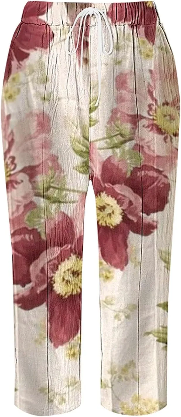 Women's Solid Striped Linen Capris Pants Spring Flowy Beach Trousers Outfits Linen Crop Pants for Women Casual