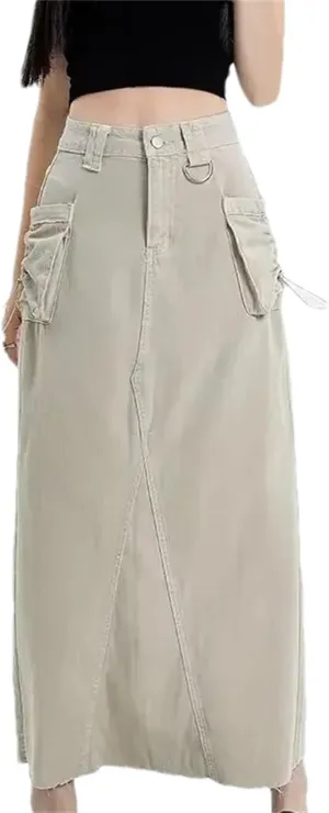 Women's Spring Denim Skirt  Plus Size High-Waisted Slimming Vintage Work Dress Split Pockets Midi Jean Skirt