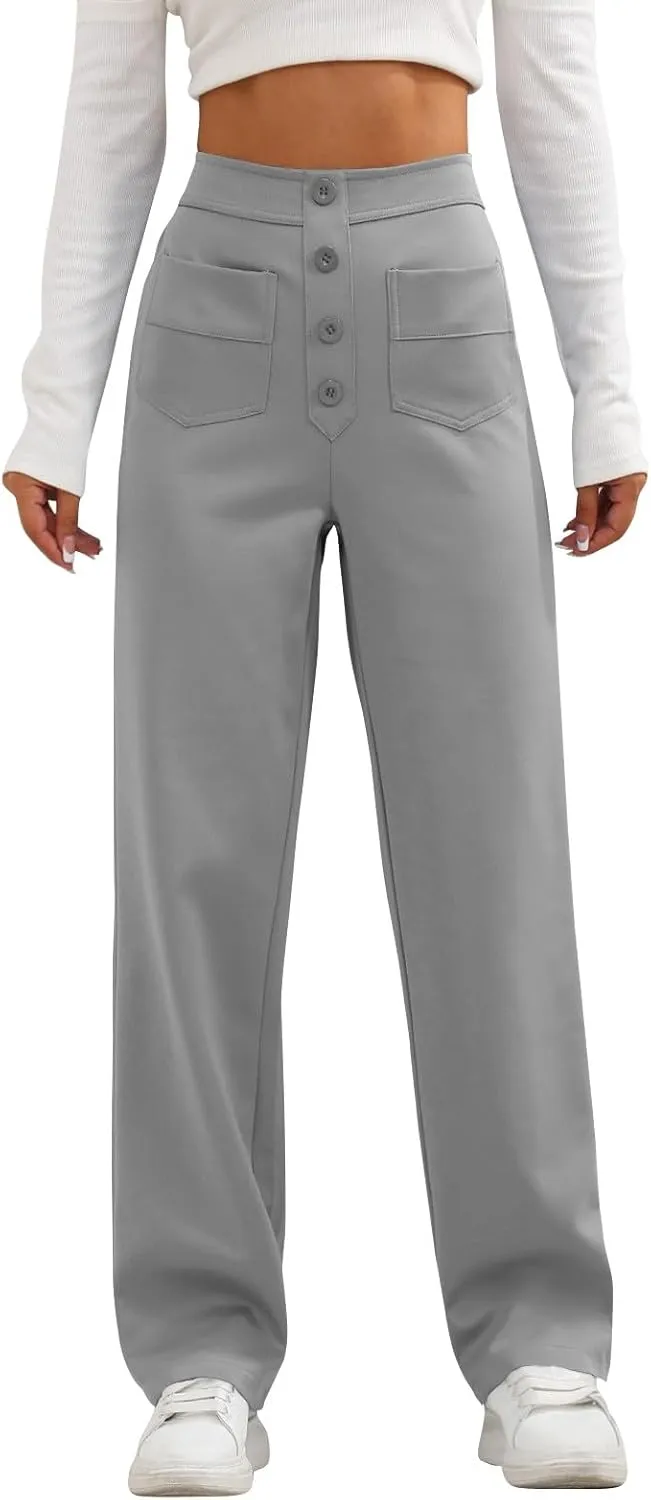 Women's Straight Leg Dress Pants Fahion 2024 High Waisted Button Down Stretchy Business Work Trousers with Pockets