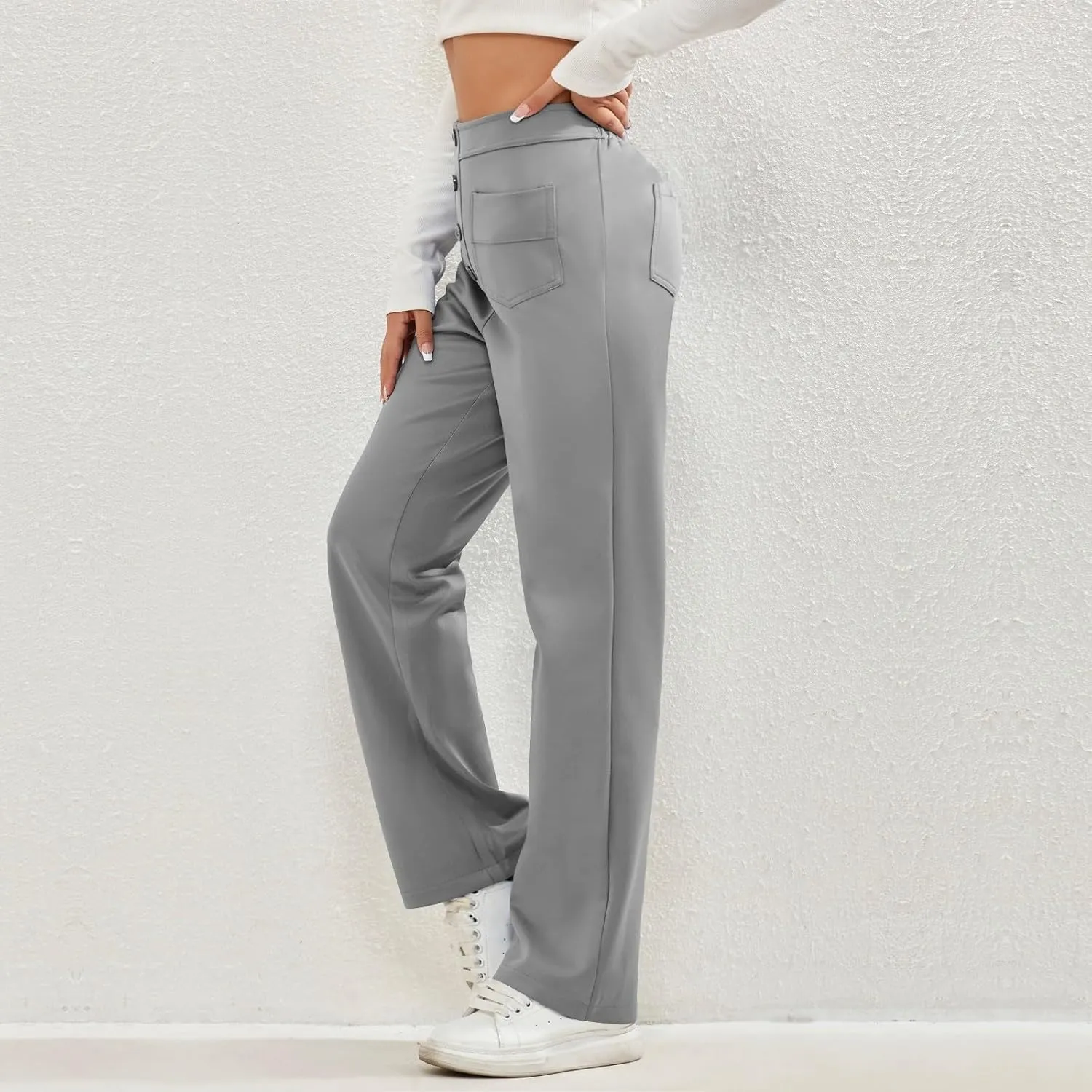 Women's Straight Leg Dress Pants Fahion 2024 High Waisted Button Down Stretchy Business Work Trousers with Pockets