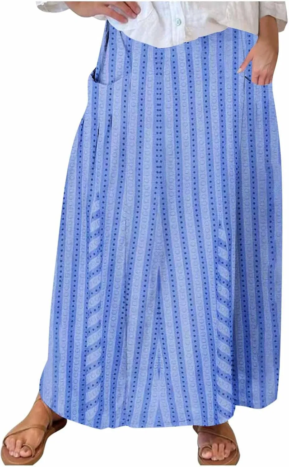 Womens Stripe Skirt Trendy Casual Elastic High Waisted Skirt Loose Fit Pleated Flowy Swing Maxi Skirts with Pockets