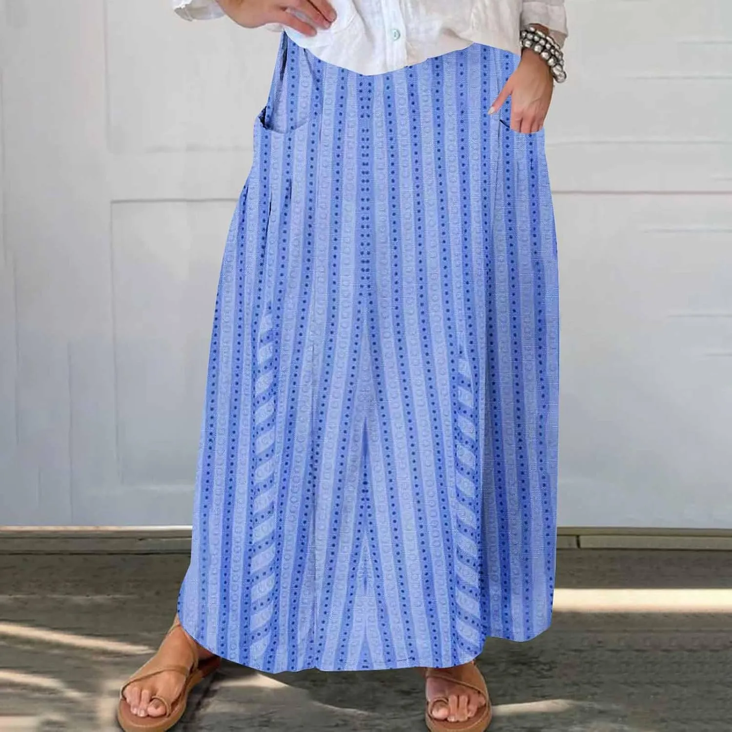 Womens Stripe Skirt Trendy Casual Elastic High Waisted Skirt Loose Fit Pleated Flowy Swing Maxi Skirts with Pockets