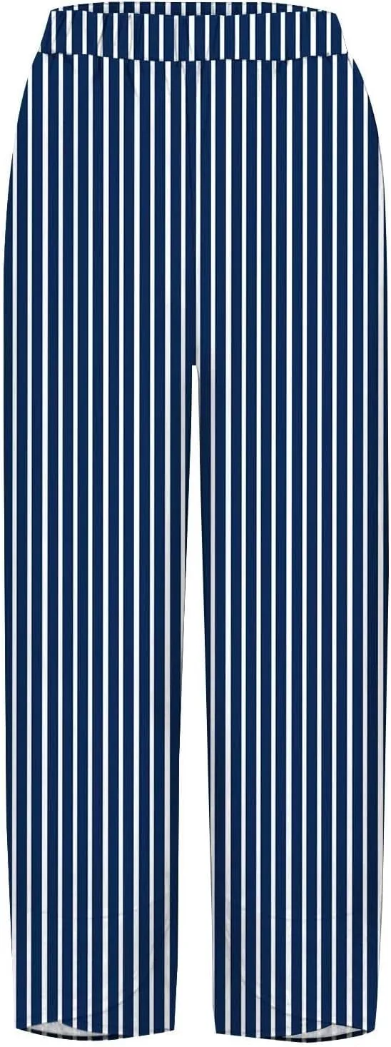 Women's Striped Printed Elastic High Waist Wide Leg Cropped Pants Casual Summer Fall Trousers for Women with Pockets