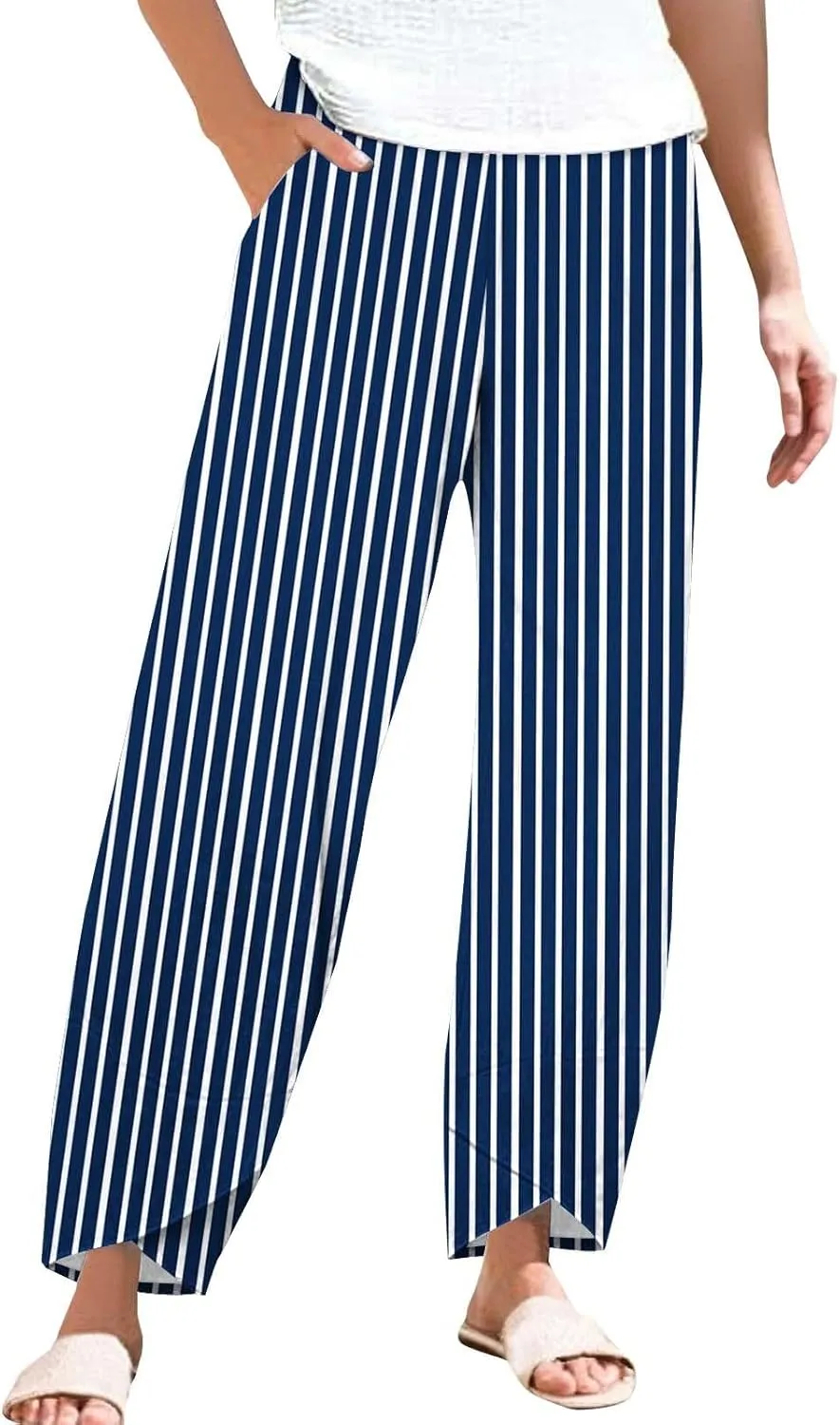 Women's Striped Printed Elastic High Waist Wide Leg Cropped Pants Casual Summer Fall Trousers for Women with Pockets