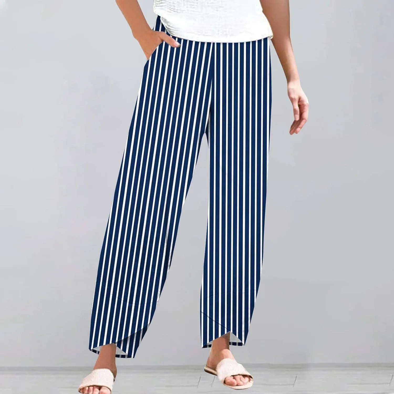 Women's Striped Printed Elastic High Waist Wide Leg Cropped Pants Casual Summer Fall Trousers for Women with Pockets