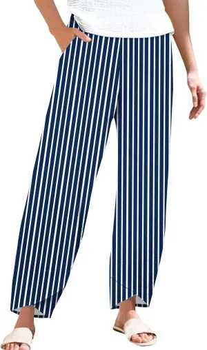 Women's Striped Printed Elastic High Waist Wide Leg Cropped Pants Casual Summer Fall Trousers for Women with Pockets