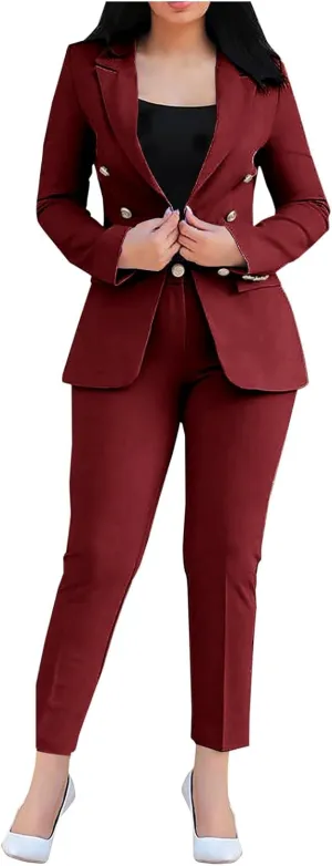 Women's Suit 2 Piece Set Classic Solid Business Suit Set Office Outfits Slim Fit Blazer Jackets Matching Pant Suits
