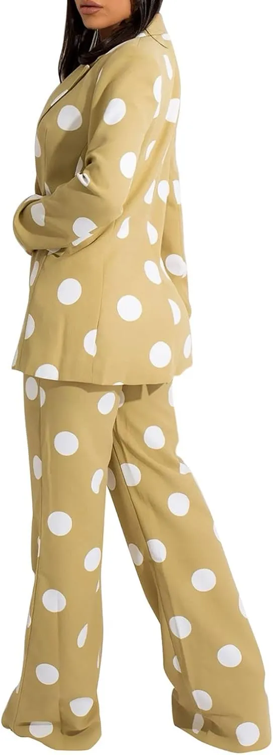 Women's Suiting 2 Piece Polka Dot Blazers Business Casual V-Neck Long Sleeve Blazer Jacket and Wide Leg Pants Set
