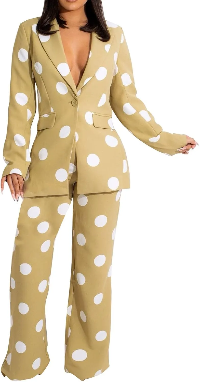 Women's Suiting 2 Piece Polka Dot Blazers Business Casual V-Neck Long Sleeve Blazer Jacket and Wide Leg Pants Set