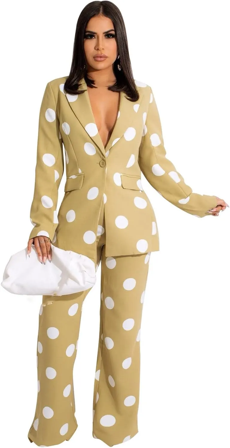 Women's Suiting 2 Piece Polka Dot Blazers Business Casual V-Neck Long Sleeve Blazer Jacket and Wide Leg Pants Set