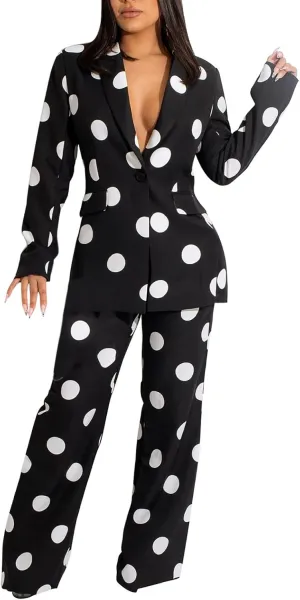 Women's Suiting 2 Piece Polka Dot Blazers Business Casual V-Neck Long Sleeve Blazer Jacket and Wide Leg Pants Set