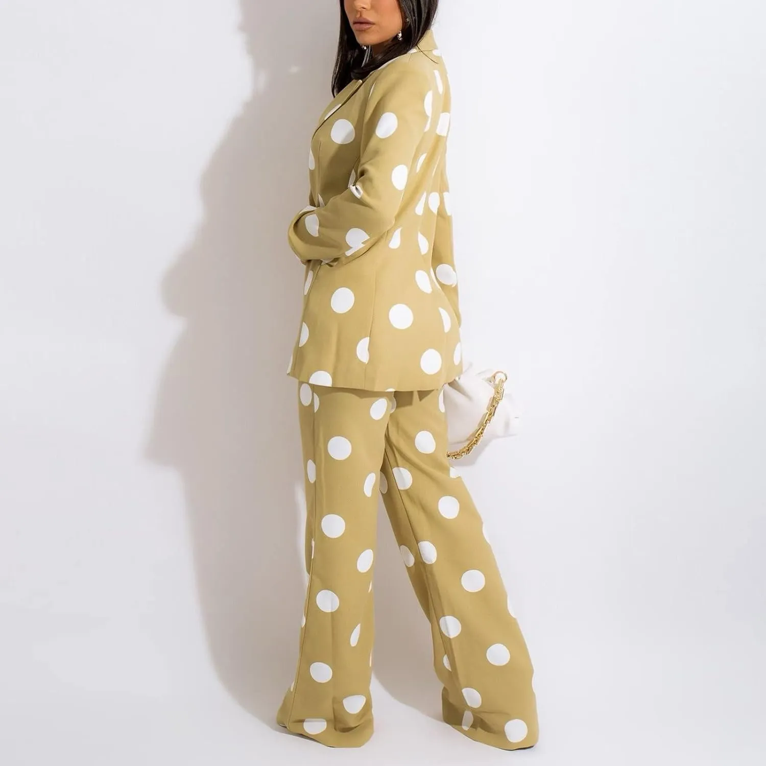 Women's Suiting 2 Piece Polka Dot Blazers Business Casual V-Neck Long Sleeve Blazer Jacket and Wide Leg Pants Set