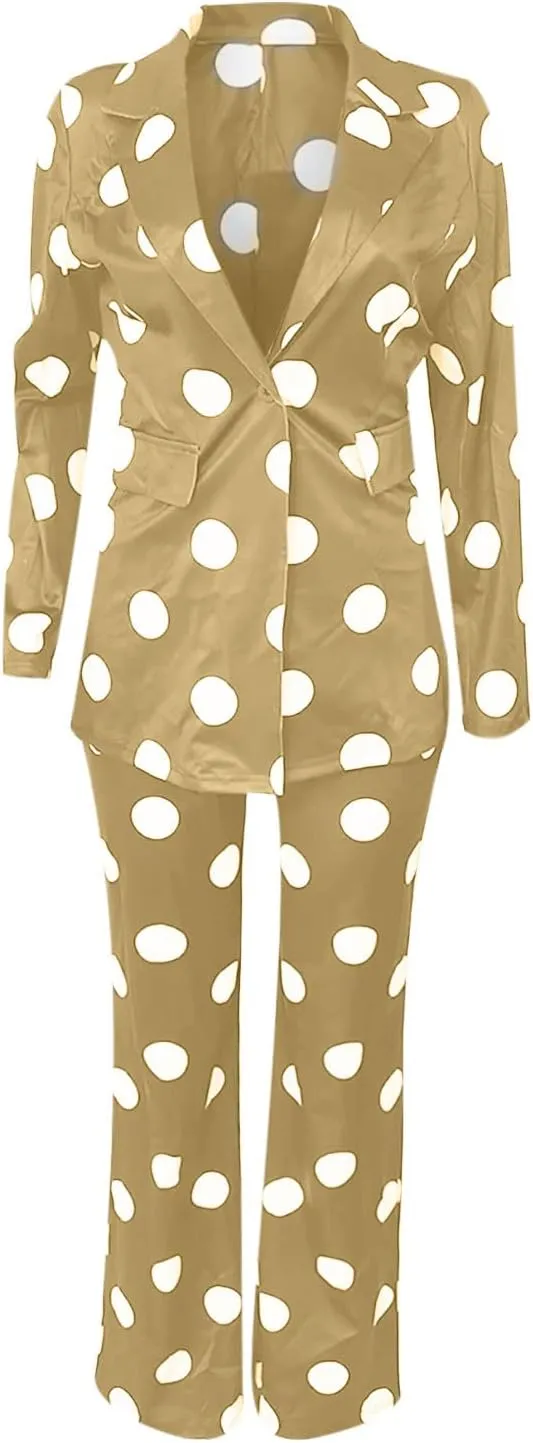 Women's Suiting 2 Piece Polka Dot Blazers Business Casual V-Neck Long Sleeve Blazer Jacket and Wide Leg Pants Set