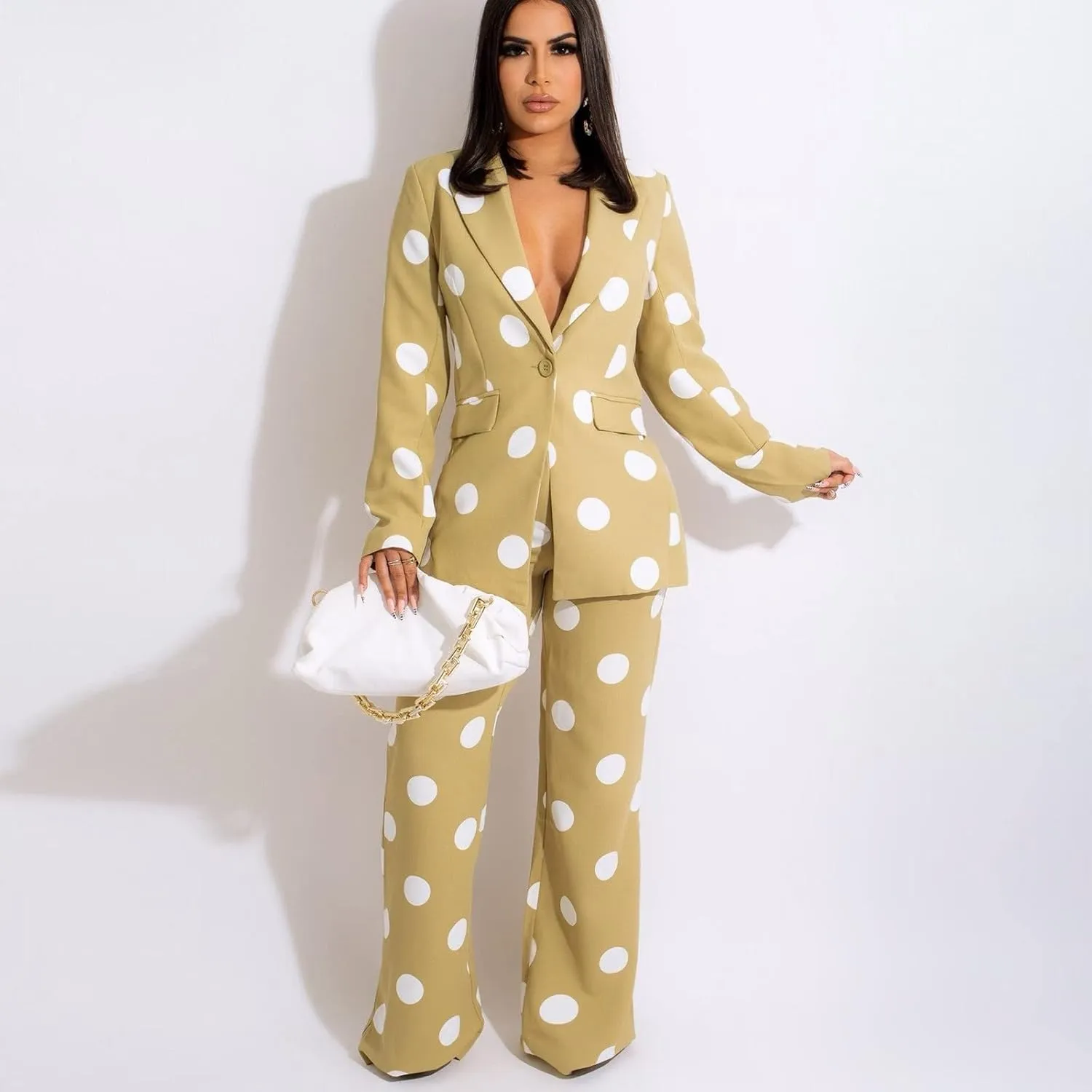 Women's Suiting 2 Piece Polka Dot Blazers Business Casual V-Neck Long Sleeve Blazer Jacket and Wide Leg Pants Set
