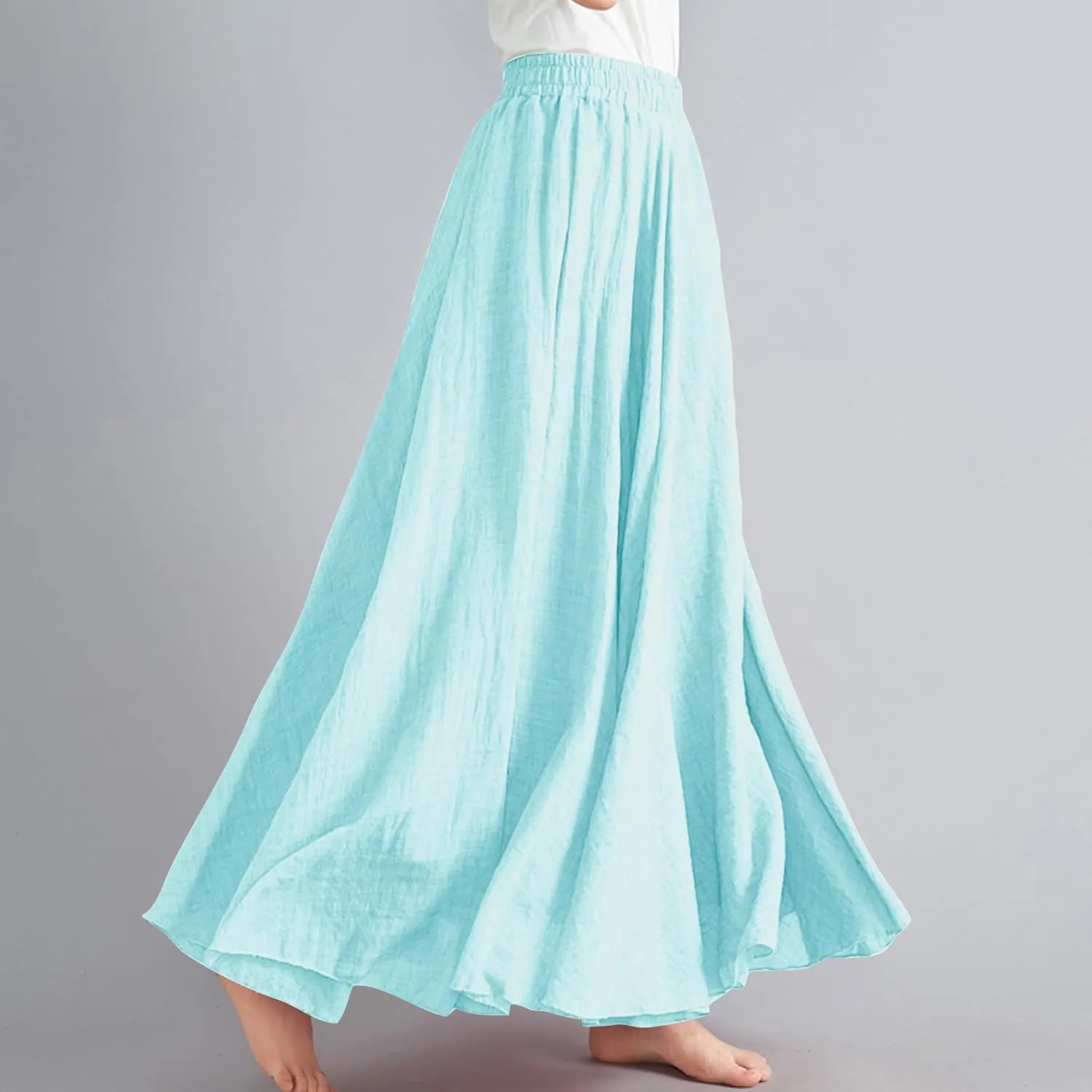 Women's Summer Boho Linen Maxi Skirts Flowy Swing A-Line Skirt Fashion Trendy Elastic Waist Pleated Long Beach Dress