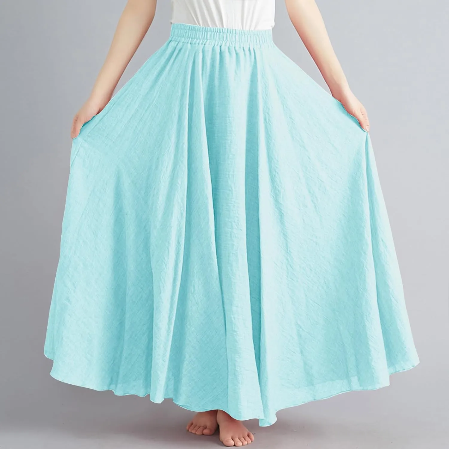 Women's Summer Boho Linen Maxi Skirts Flowy Swing A-Line Skirt Fashion Trendy Elastic Waist Pleated Long Beach Dress