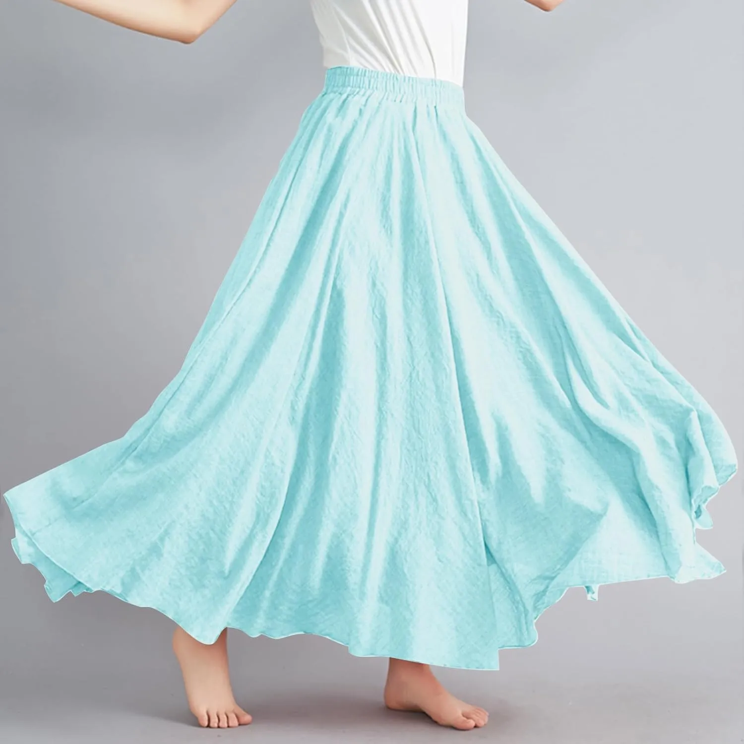 Women's Summer Boho Linen Maxi Skirts Flowy Swing A-Line Skirt Fashion Trendy Elastic Waist Pleated Long Beach Dress