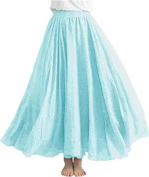 Women's Summer Boho Linen Maxi Skirts Flowy Swing A-Line Skirt Fashion Trendy Elastic Waist Pleated Long Beach Dress