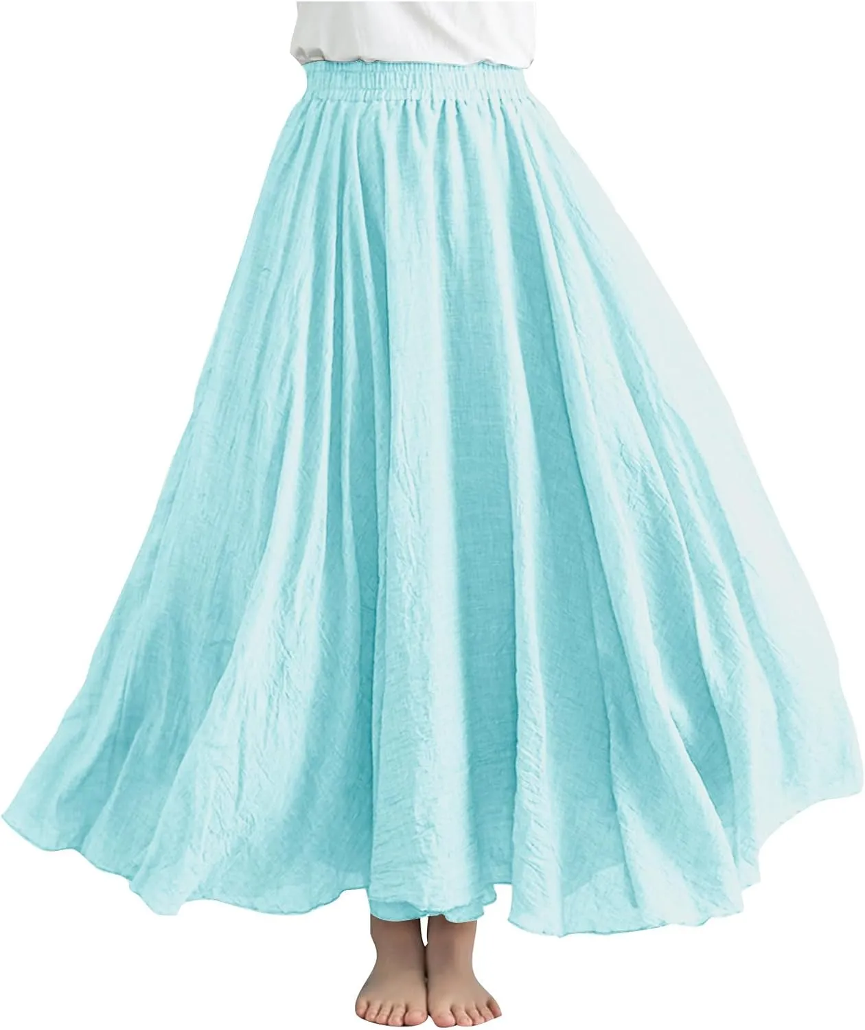 Women's Summer Boho Linen Maxi Skirts Flowy Swing A-Line Skirt Fashion Trendy Elastic Waist Pleated Long Beach Dress