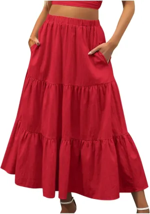 Womens Summer Boho Midi Skirt Flowy Swing Tiered A-Line Skirts with Pockets 2025 Trendy Ruffle Pleated Beach Dress