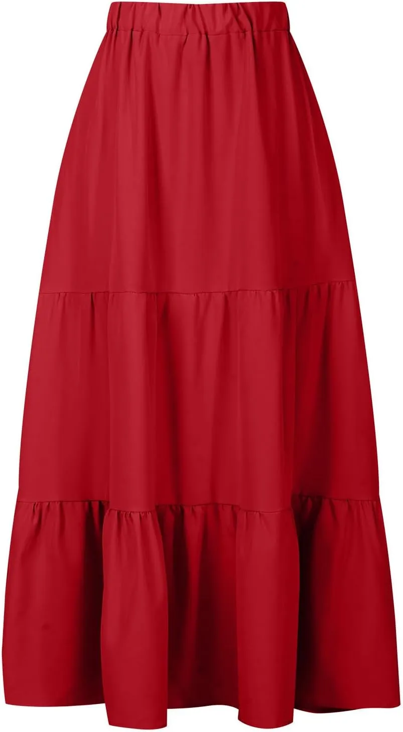 Womens Summer Boho Midi Skirt Flowy Swing Tiered A-Line Skirts with Pockets 2025 Trendy Ruffle Pleated Beach Dress