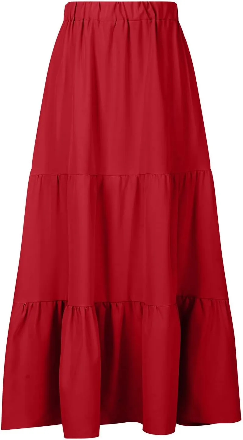 Womens Summer Boho Midi Skirt Flowy Swing Tiered A-Line Skirts with Pockets 2025 Trendy Ruffle Pleated Beach Dress