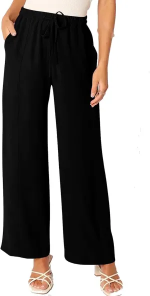 Women's Summer Casual Solid Color Cotton Linen Trousers Drawstring Elastic High Waist Wide Leg Pants with 4 Pockets