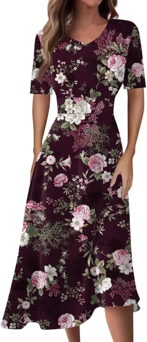 Womens Summer Dresses Midi 2025 Casual Trendy Sundresses Floral Dress Elegant Short Sleeve Sundress A Line V Neck