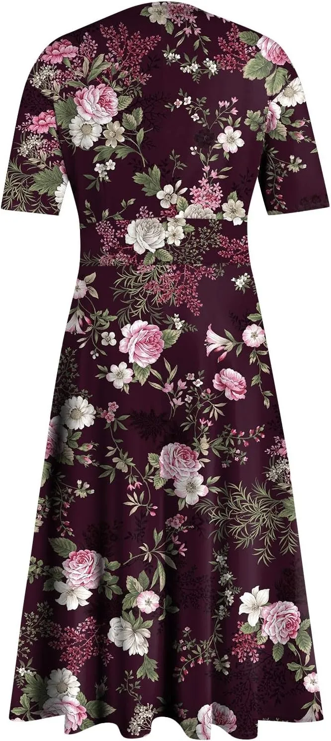 Womens Summer Dresses Midi 2025 Casual Trendy Sundresses Floral Dress Elegant Short Sleeve Sundress A Line V Neck