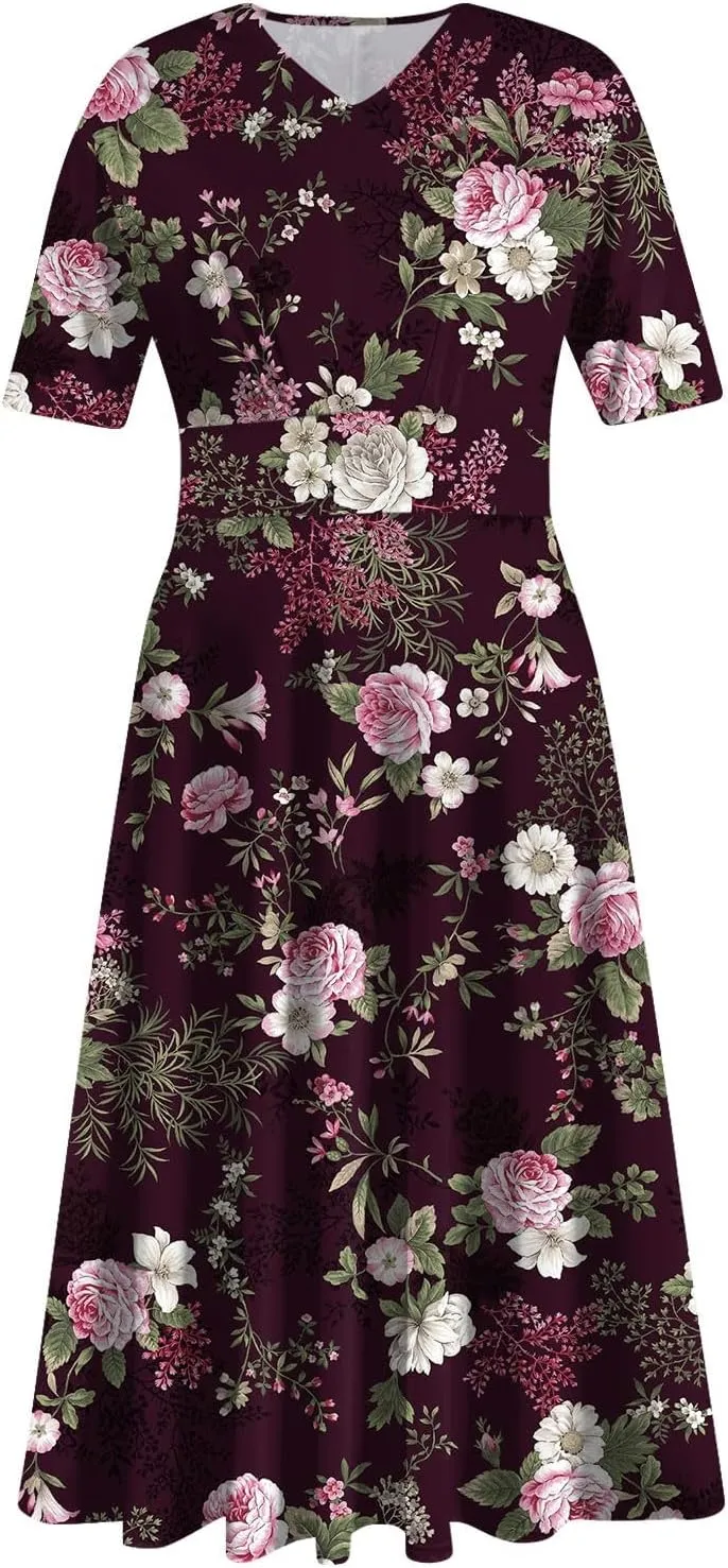 Womens Summer Dresses Midi 2025 Casual Trendy Sundresses Floral Dress Elegant Short Sleeve Sundress A Line V Neck