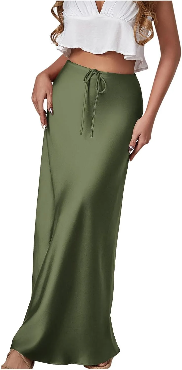 Womens Summer Fall Skirt 2025 High Waist A Line Flowy Long Skirts Drawstring Floor Length Cocktail Party Maxi Skirts