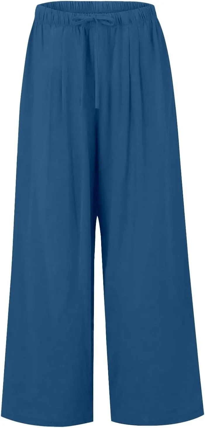 Women's Summer Linen Palazzo Pants Wide Leg Drawstring Elastic High Waist Casual Loose Beach Travel Lounge Pants 2025