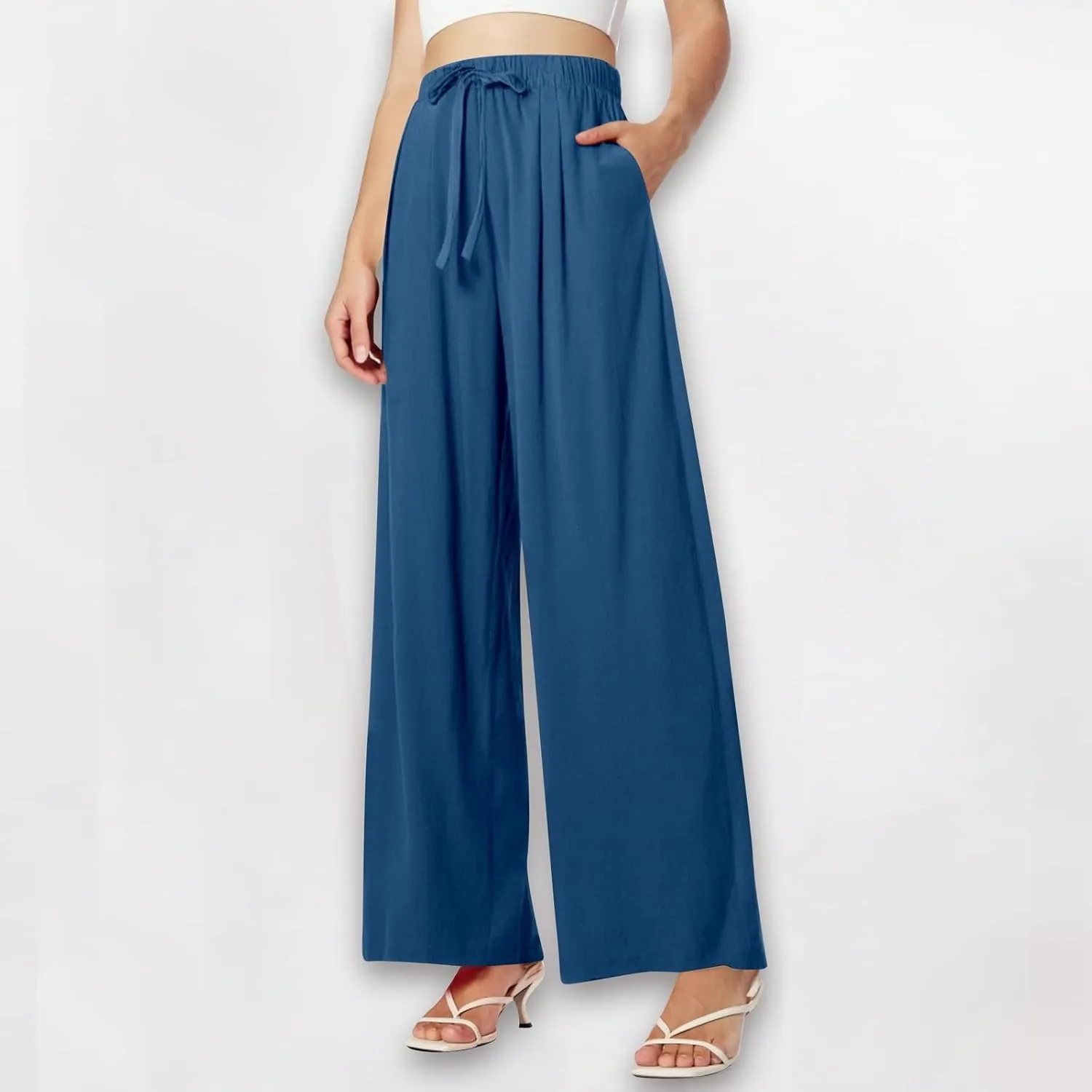 Women's Summer Linen Palazzo Pants Wide Leg Drawstring Elastic High Waist Casual Loose Beach Travel Lounge Pants 2025
