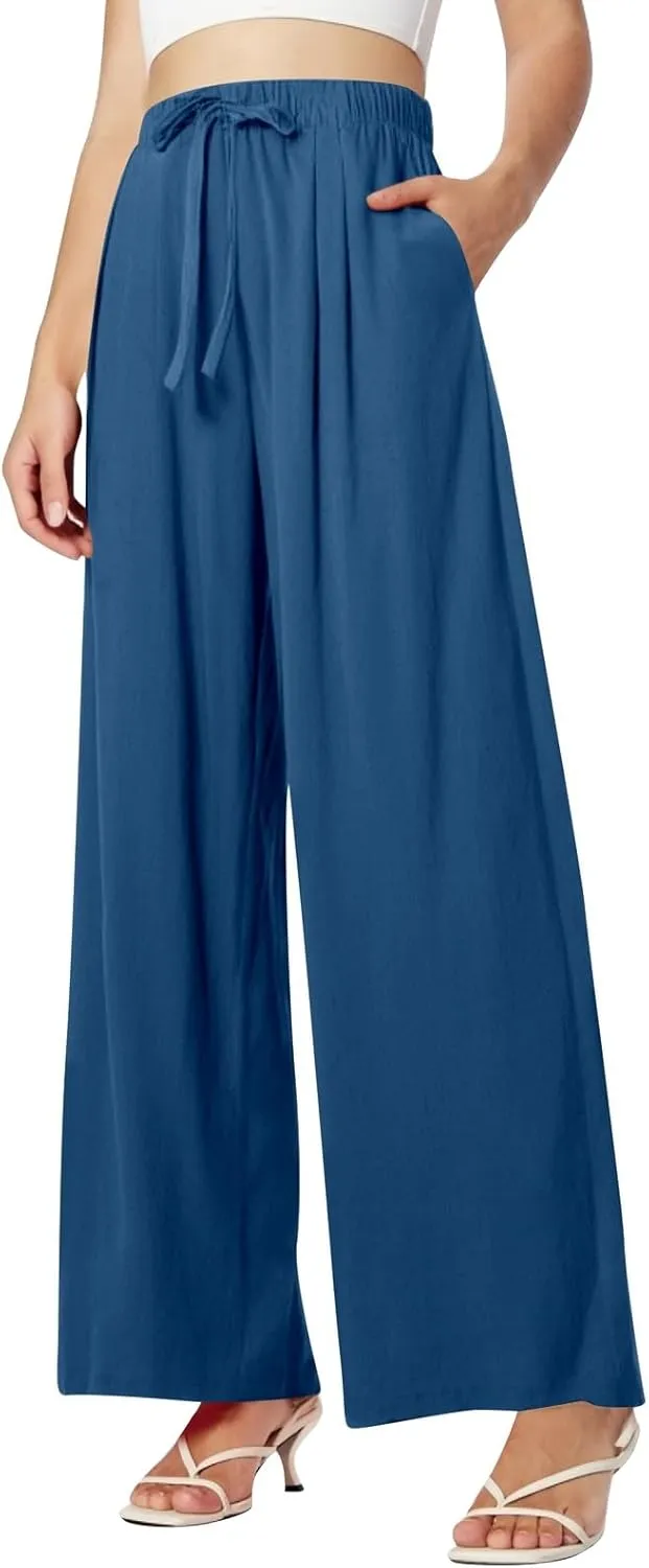 Women's Summer Linen Palazzo Pants Wide Leg Drawstring Elastic High Waist Casual Loose Beach Travel Lounge Pants 2025