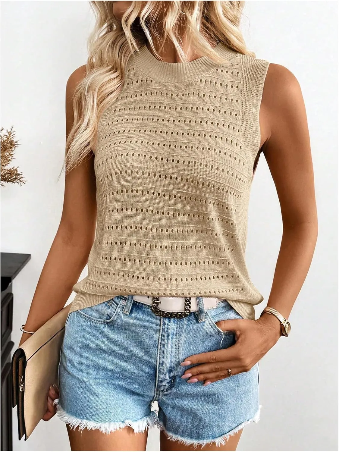 Women's Summer Sleeveless Crochet Tops Hollow Out Crewneck Tank Top Knit Sweater Vest