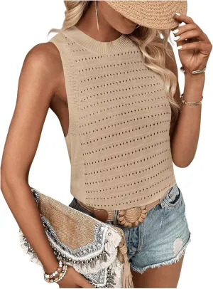 Women's Summer Sleeveless Crochet Tops Hollow Out Crewneck Tank Top Knit Sweater Vest