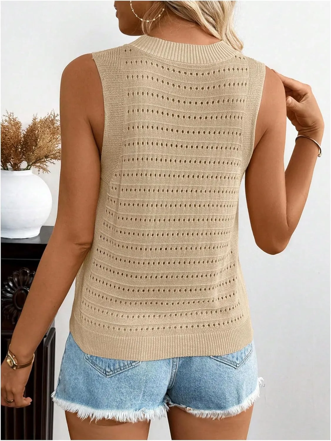 Women's Summer Sleeveless Crochet Tops Hollow Out Crewneck Tank Top Knit Sweater Vest