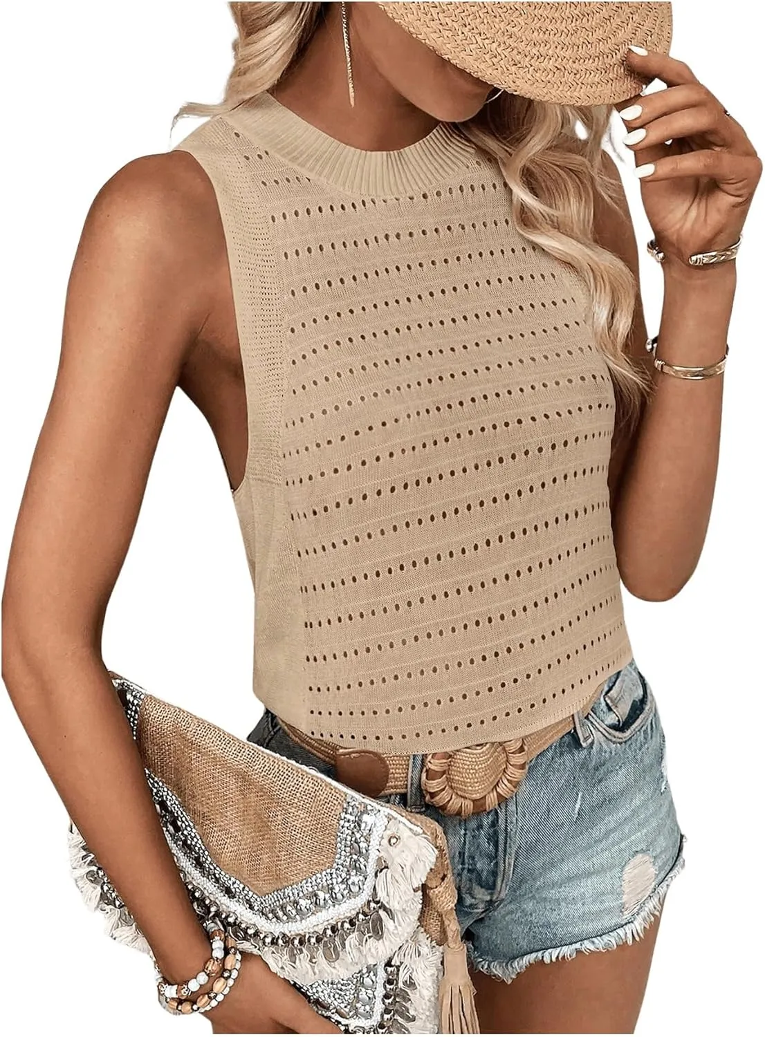 Women's Summer Sleeveless Crochet Tops Hollow Out Crewneck Tank Top Knit Sweater Vest