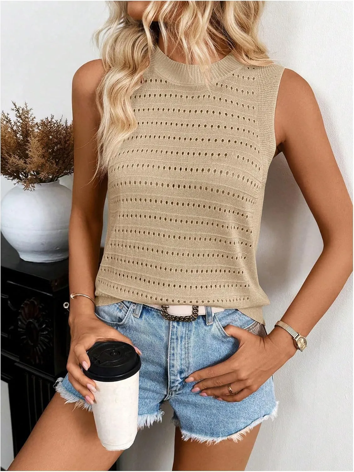 Women's Summer Sleeveless Crochet Tops Hollow Out Crewneck Tank Top Knit Sweater Vest