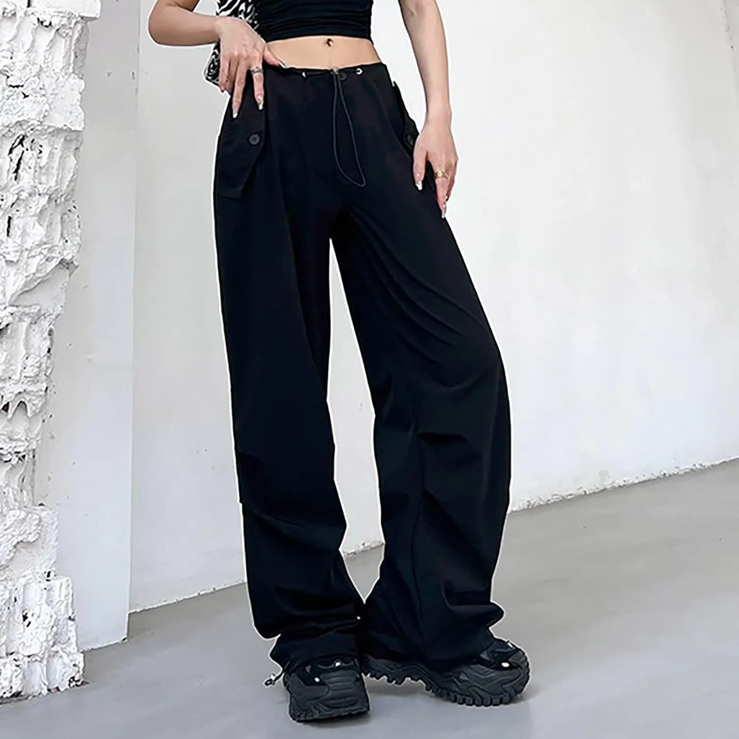 Women's Summer Trendy Jogging Sweatpants Low Rise Drawstring Palazzo Gaucho Sweat Pants Wide Leg Active Trousers