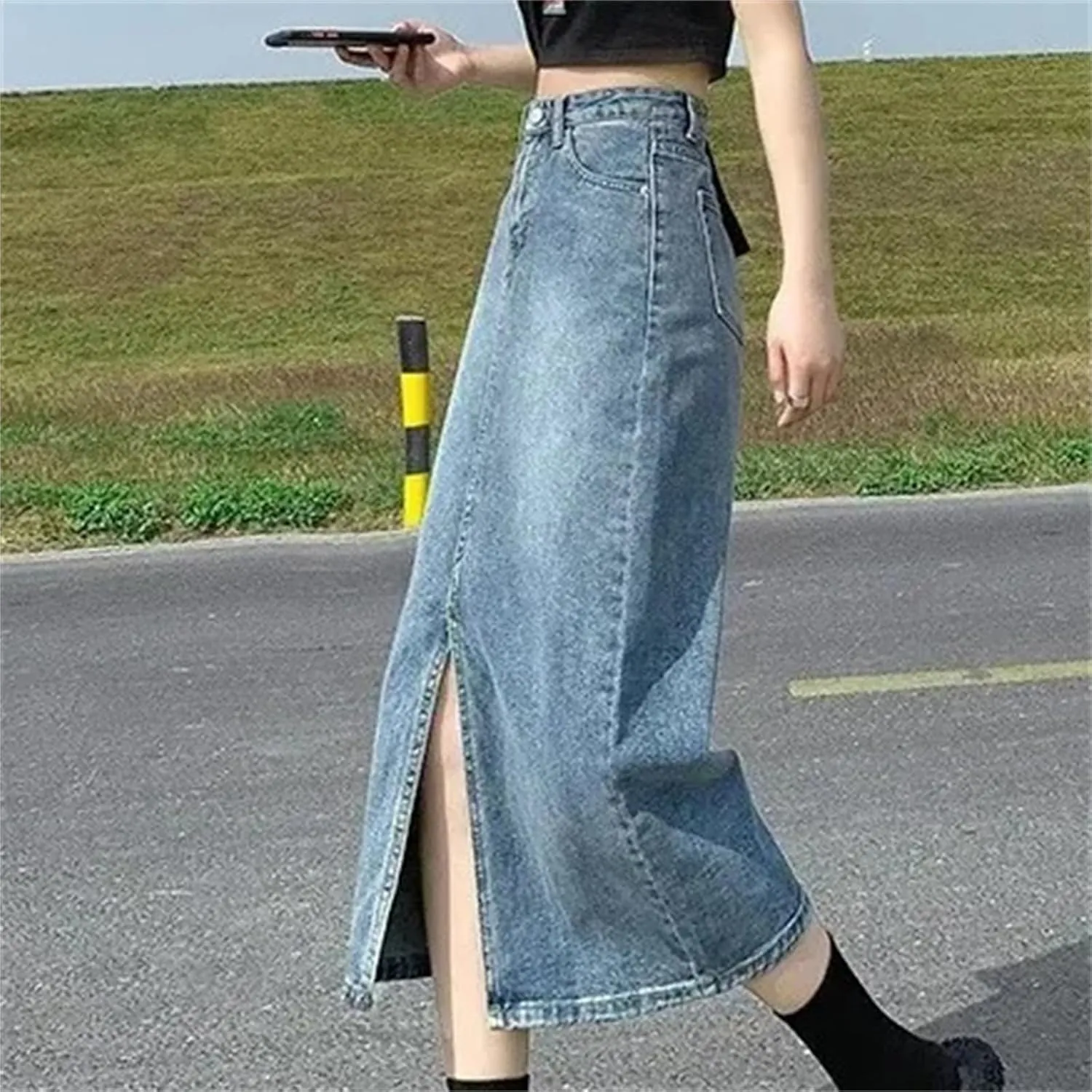 Women's Summer Vintage High-Waisted Plus Size Denim Skirt  A-Line Side Slit Mid-Length Female Dress