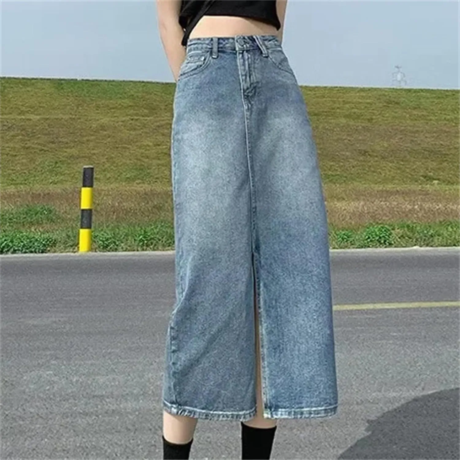 Women's Summer Vintage High-Waisted Plus Size Denim Skirt  A-Line Side Slit Mid-Length Female Dress