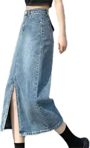 Women's Summer Vintage High-Waisted Plus Size Denim Skirt  A-Line Side Slit Mid-Length Female Dress
