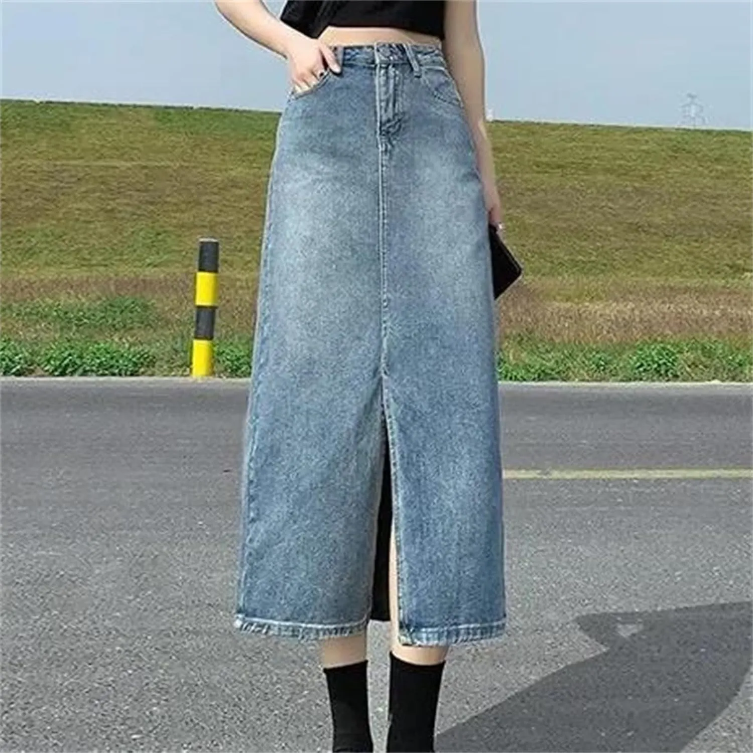 Women's Summer Vintage High-Waisted Plus Size Denim Skirt  A-Line Side Slit Mid-Length Female Dress