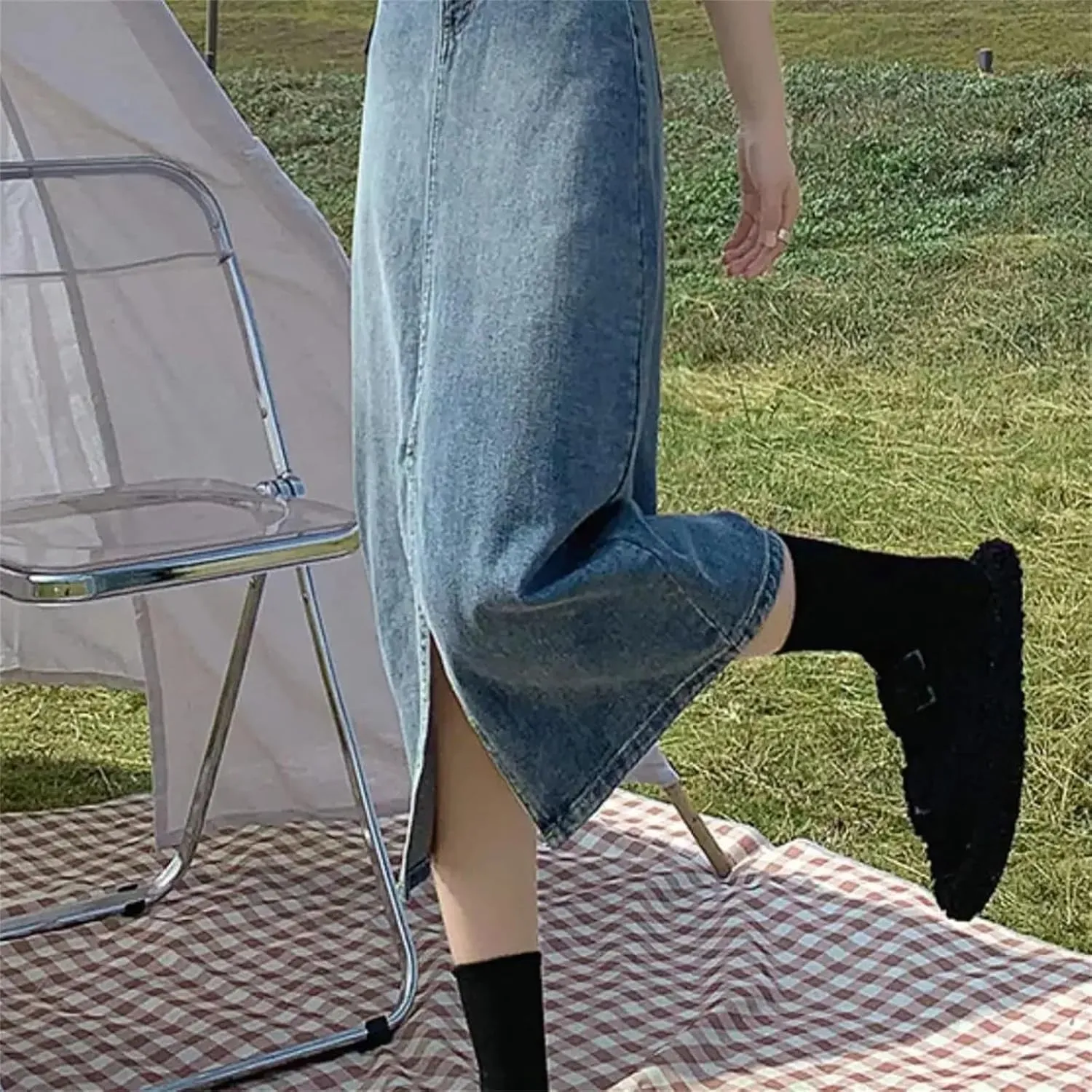 Women's Summer Vintage High-Waisted Plus Size Denim Skirt  A-Line Side Slit Mid-Length Female Dress