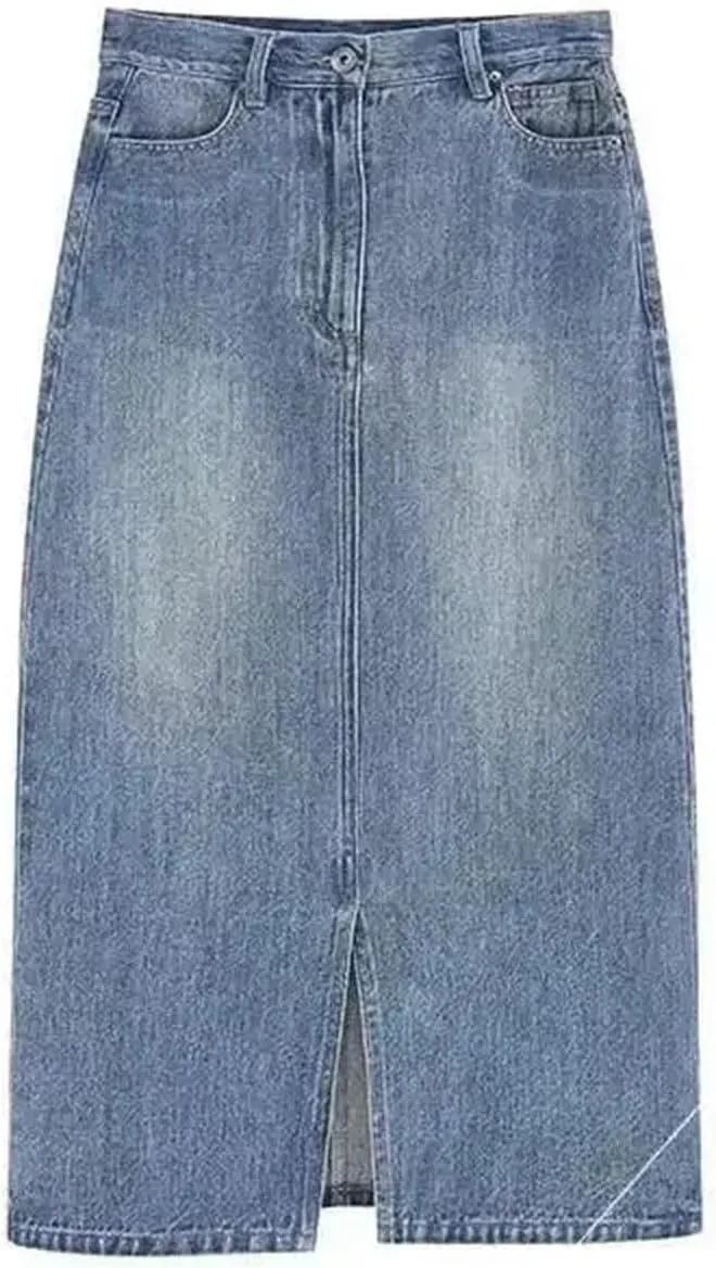 Women's Summer Vintage High-Waisted Plus Size Denim Skirt  A-Line Side Slit Mid-Length Female Dress
