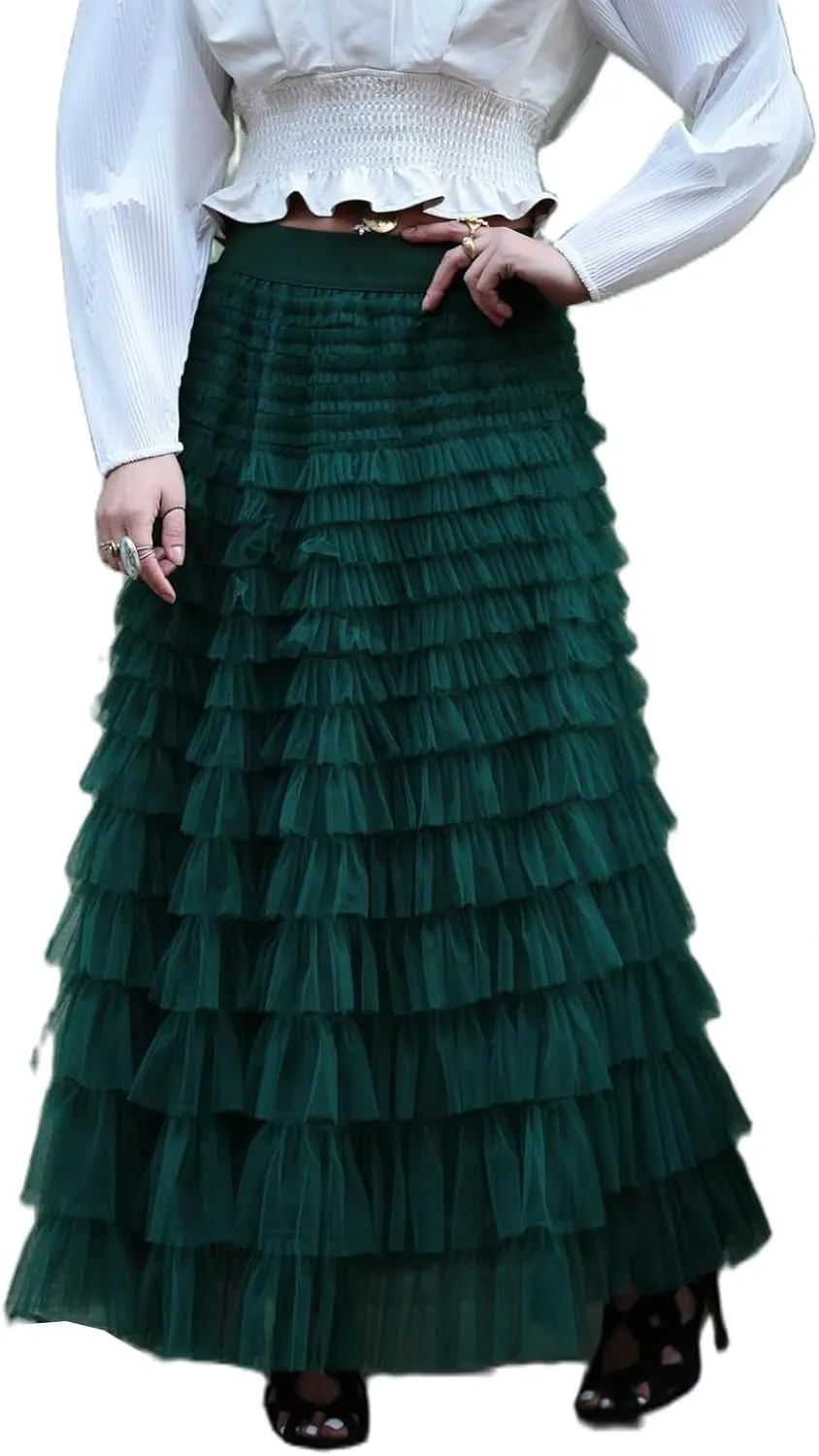 Womens Tiered Tulle Long Skirt A Line High Waist Layered Mesh Midi Skirts Pleated Ruffle Tutu Maxi Party Skirt