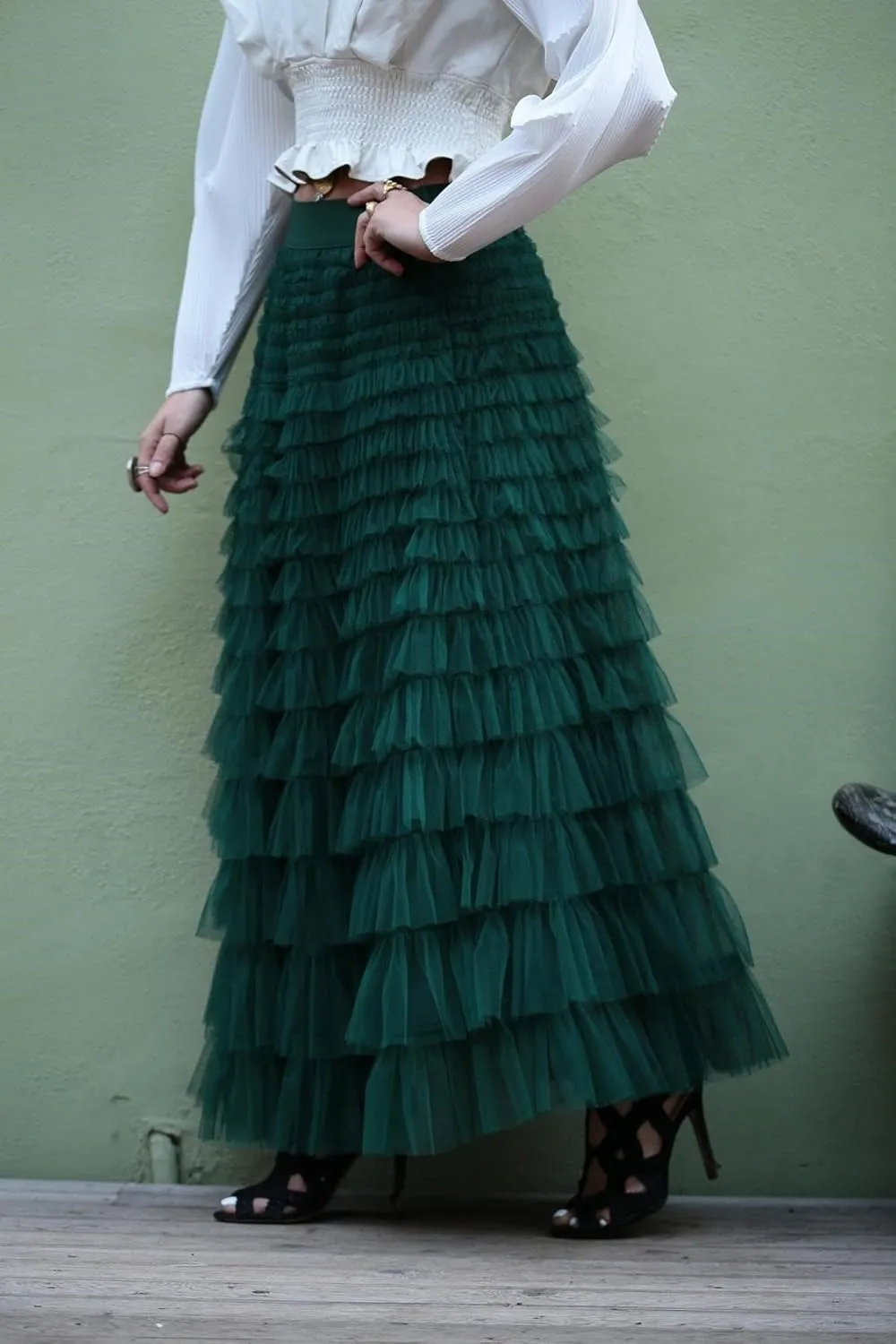 Womens Tiered Tulle Long Skirt A Line High Waist Layered Mesh Midi Skirts Pleated Ruffle Tutu Maxi Party Skirt