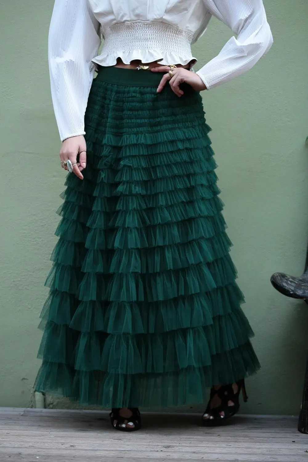 Womens Tiered Tulle Long Skirt A Line High Waist Layered Mesh Midi Skirts Pleated Ruffle Tutu Maxi Party Skirt