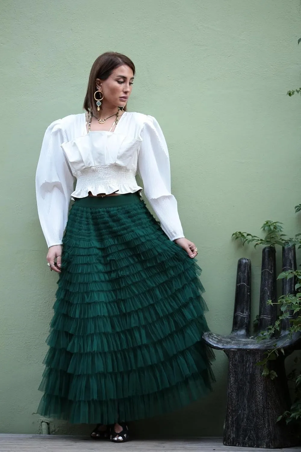 Womens Tiered Tulle Long Skirt A Line High Waist Layered Mesh Midi Skirts Pleated Ruffle Tutu Maxi Party Skirt